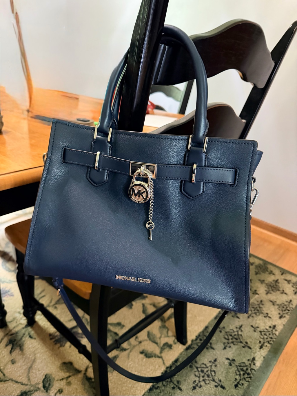 Michael Kors Navy Blue Leather Satchel With Mk Lock Charm